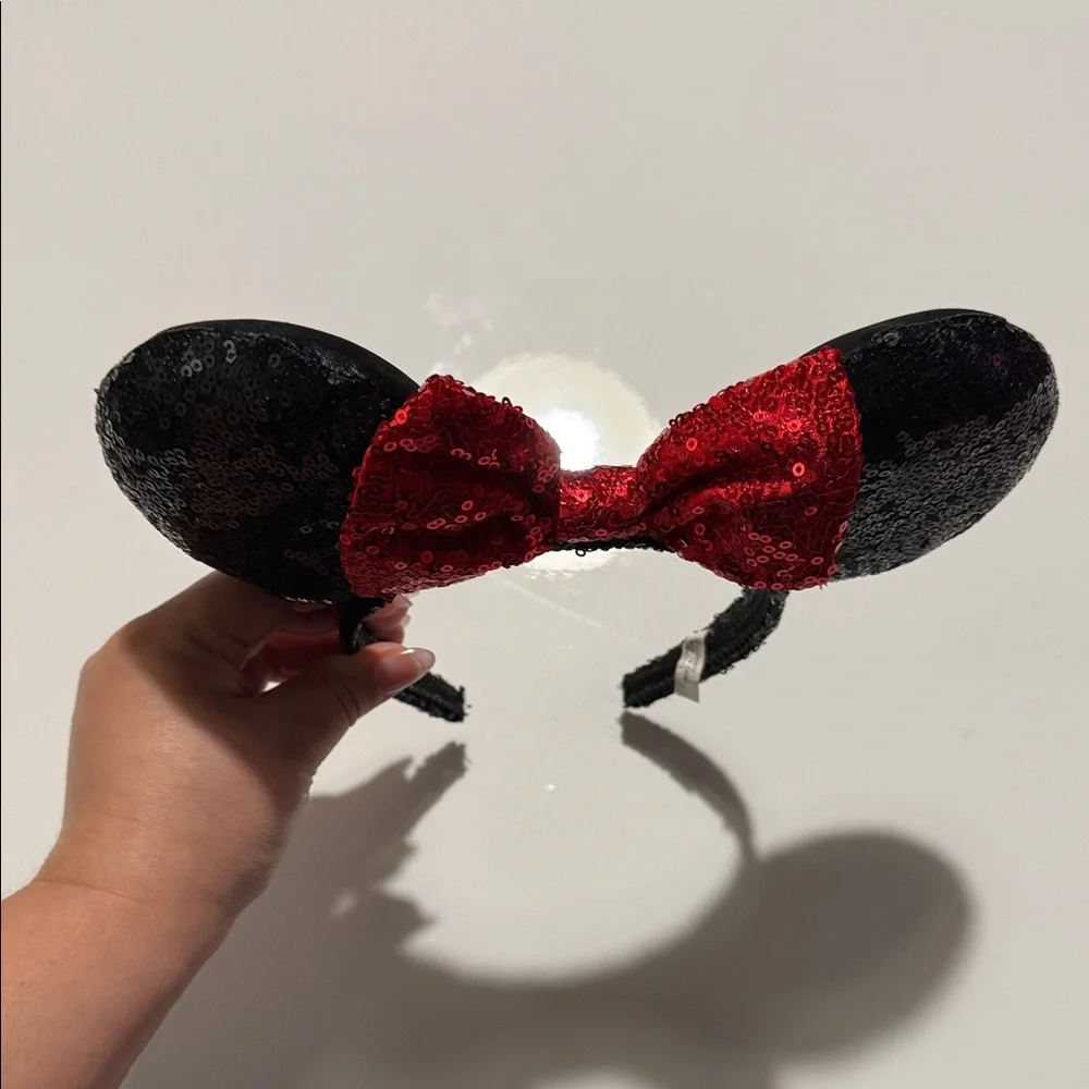 Disney Black Sequin Minnie Ears Headband with Red Sequin Bow